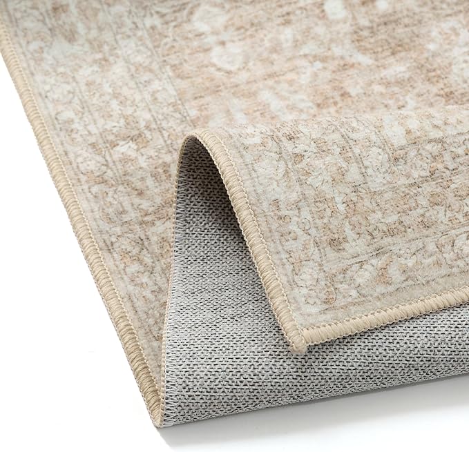 PureCozy 6x9 Area Rug Washable Beige Vintage Living Room Bedroom Carpet Indoor Large Non Slip Soft Low Pile Thin Rug Retro Accent Throw Office Dining Room