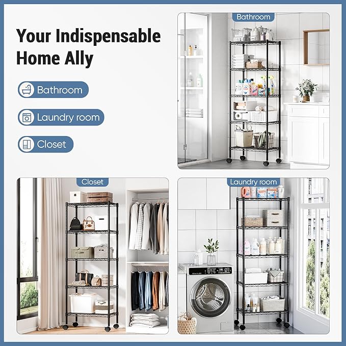 DUMOS 5 Tier Metal Shelving, Heavy Duty Shelves Wire Shelving Unit with Removable Wheel Casters, Shelves Organizer for Bathroom Garage Living Room Kitchen Pantry Laundry