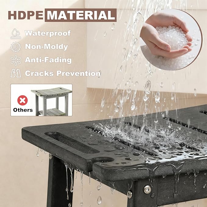 HDPE Shower Bench Seat for Shaving Legs, Waterproof Shower Stool with Storage Shelf for Bathroom, Black