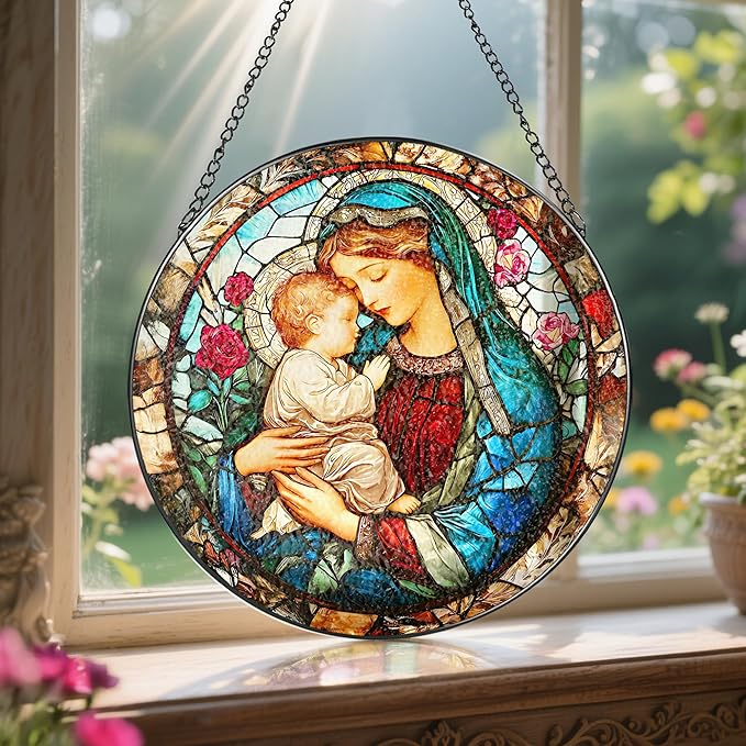 8 Inch Virgin Mary Stained Glass Suncatcher, Stained Glass Window Hanging, Christian Window Hanging Decor, Suncatchers for Windows Door Home Decor and Christmas, Christian Gift, Religious Gift