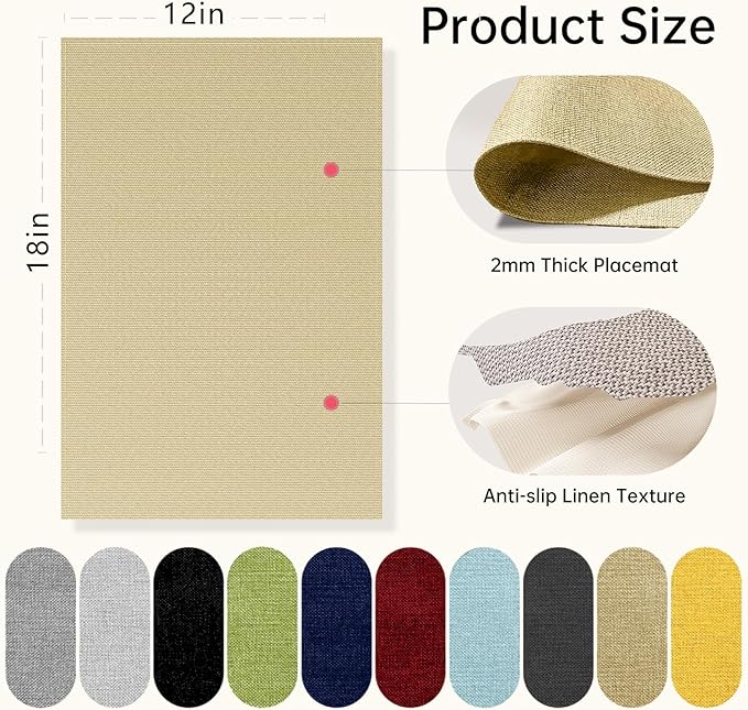 Blue Forest Placemats Set of 4, Dual-Layered Thickened Faux Linen Table Mats Heat Resistant Machine Washable Wrinkle Free Place Mats for Kitchen Dining Outdoor/Indoor (Beige)