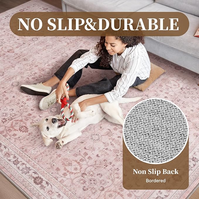 MontVoo-Vintage Area Rug 6X9 Pink Rugs for Living Room-Soft Distressed Printed Rugs for Bedroom-Non Slip Carpet-Machine Washable Rug for Dining Room Living Room Bedside Office