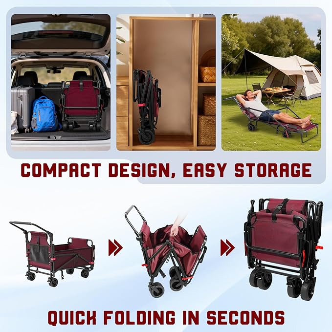 LEVELEVE Heavy Duty Folding Wagon - 2-in-1 Collapsible Cart, 400lb Capacity, All-Terrain Wheels w/Brakes & Side Pockets (Red)