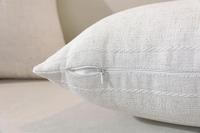 QDTTSRY Natural Linen Throw Pillow Covers Set of 2-18x18 Inch Rustic Striped Farmhouse Decor Pillowcase, Breathable & Soft Neutral Beige Linen Cushion Covers for Couch Sofa Bedroom Living Room