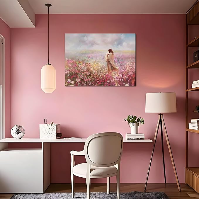 Jesus Embraces Lamb Canvas Wall Art, Pink The Lost Lamb Christian Wall Decor Paintings, Jesus Leaves the 99 Sheep Bible Stories Posters Prints for Church Living Room Bedroom 16x24 Inch Framed