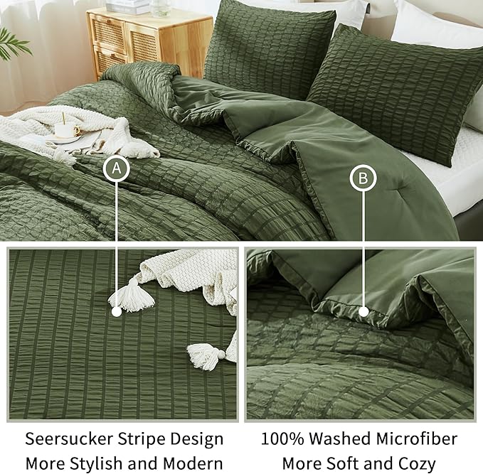 AveLom Dark Olive Green Seersucker King Comforter Set (104x90 inches), 3 Pieces-100% Soft Washed Microfiber Lightweight Comforter with 2 Pillowcases, All Season Down Alternative Bedding Set