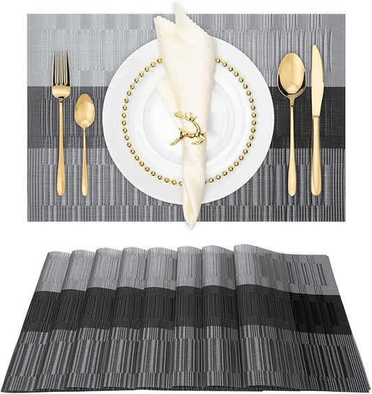 Winknowl Placemats Set of 8, Heat Resistant Non-Slip Vinyl Woven Table Mats for Dining Table, Washable Durable Elegant Place Mats for Kitchen Indoor/Outdoor Use (Black)