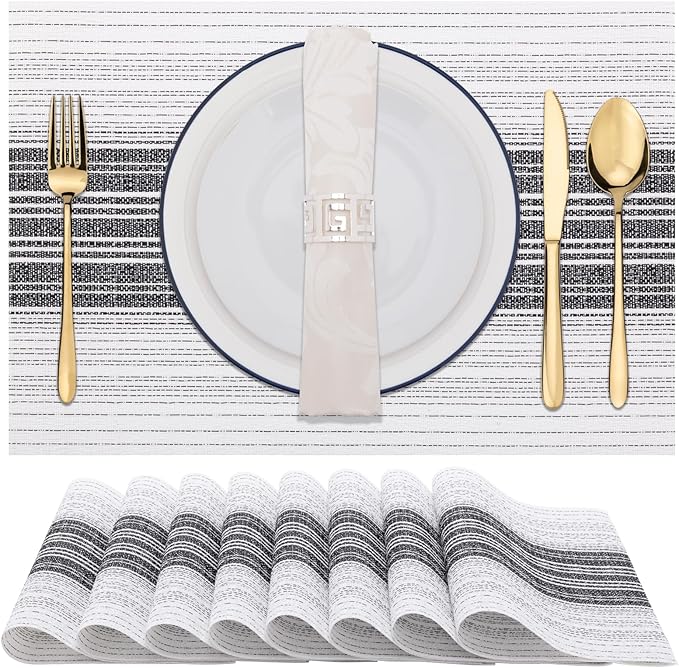 Winknowl Placemats Set of 8, Washable Vinyl Woven Placemats, Heat Resistant & Wipeable Table Mats for Kitchen Dining Table (White)