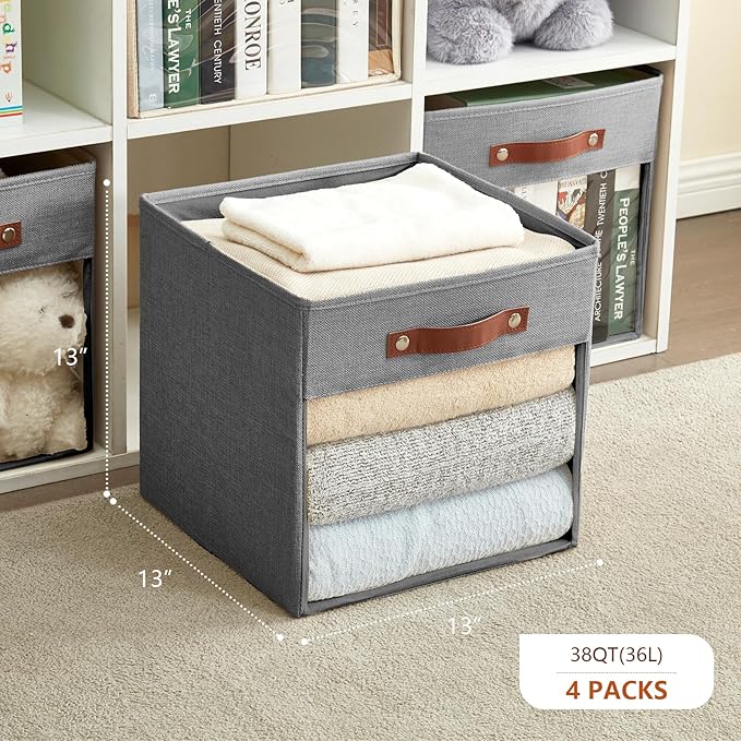 Storage Cubes Storage Organizer with Clear Window, Linen Collapsible Storage Bins with PU Handles, Cube Storage Basket for Shelves, Closet, Cabinet, Bookcase (13x13x13, Gray)