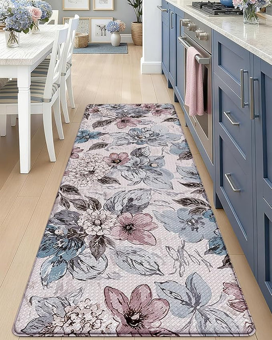 DEXI Kitchen Mats for Floor, 23x59, Cushioned Standing Mat Anti Fatigue, Wide Waterproof Comfort Floral Padded for Laundry Room Office, Pink and Teal