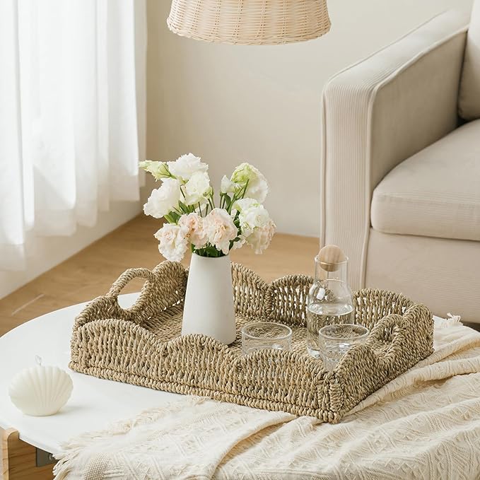 Wicker Tray, Handwoven Woven Tray with Handles and Scalloped Edge, Rectangle Wicker Basket for Home Decor and Organizing, 17.3" L x 13.4" W x 3.6" H