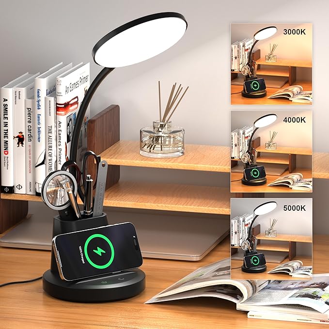 Desk Lamp with Wireless Charger, LED Desk Lamp for Home Office with Pen Holder, Dimmable Eye-Caring Study Desk Light Flexible Arm 3 Color Modes for College Dorm, 800 Lumens CRI 90