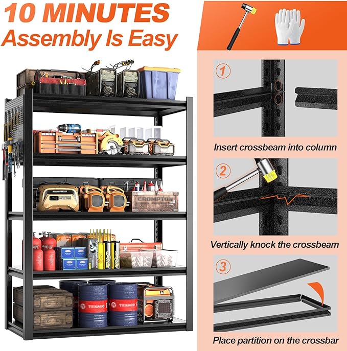 Metal Garage Shelving Unit with Pegboard, Heavy Duty 5-Tier Adjustable Industrial Storage Shelves, 3000 LBS Steel Storage Rack for Garage, Warehouse, Basement, 72"H x 47.2"W x 23.6"D, Black