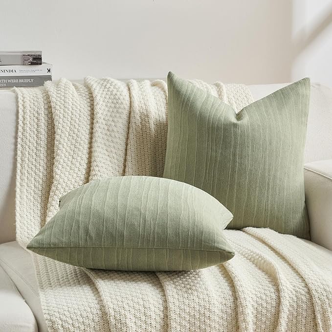 FUTEI Sage Green Chenille Decorative Throw Pillow Covers 12x20 Inch Set of 2,Soft Crushed Striped Texture Lumbar Pillow Cases,Modern Home Decor for Couch Bed Living Room
