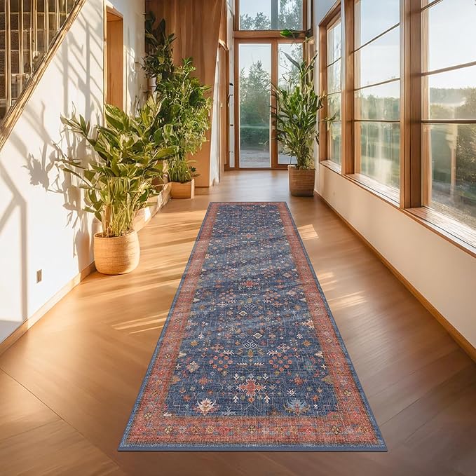 Washable 10 ft Long Runner for Kitchen Floor - Navy Blue Hallway Runner Rug, Pet Friendly Waterproof Non Slip with Rubber Backing, Stain Resistant Laundry Room Rug (3x10 Navy Blue & Terracotta)
