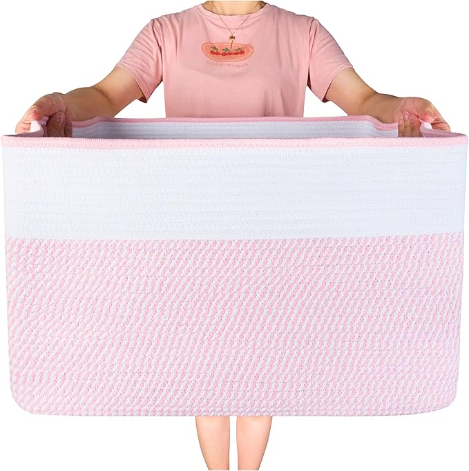 MINTWOOD Design 22in Extra Large Blanket Basket Holder Living Room, Rectangle Rope Woven Storage Basket with Handles for Laundry, Pool Towels, and Shoes, Dog Toy Organizer Bin Box, Light Pink