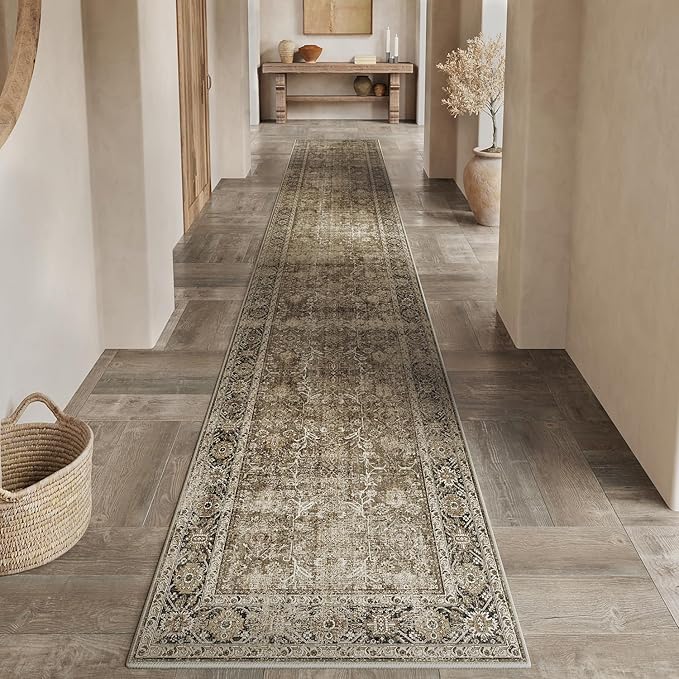 PureCozy Brown Runner Rug 2x14 Vintage Area Carpet Hallway Long Indoor Kitchen Washable Living Room Low Pile Traditional Distressed Retro Accent Throw Rug Non Slip Laundry Bathroom Office Dining Room