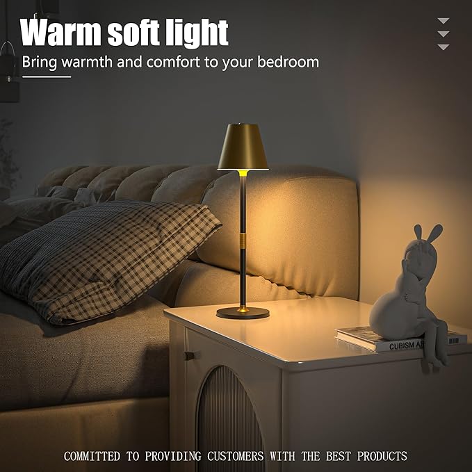 1-Pack Cordless Table Lamps - 5000mAh Rechargeable Battery Operated Desk Lamp, 3-Level Dimmable LED Night Light for Bedroom, Dining, Restaurant - Metal Design(Gold&Black-1Pack)