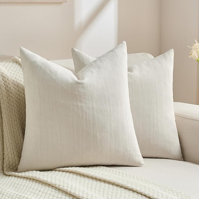 FUTEI Cream Chenille Decorative Throw Pillow Covers 18x18 Inch Set of 2,Soft Crushed Striped Texture Cushion Case,Modern Home Decor for Couch Bed Living Room