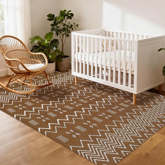 winolive Washable Area Rug 5x7 ft,Rubber Backed Non Slip Faux Jute Rug for Office,Living Room and Bedroom Braided Rug,Indoor Floor Carpets for Dining Room,Farmhouse,Brown/White