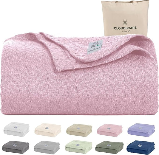 Cloud Scape Linen 100% Cotton Blanket 92x92 Seashell Pink - Cozy Herringbone Weave, Fits Up to for Full Size Beds, Breathable Softness, All-Season Warmth, Winter Blanket, for Women