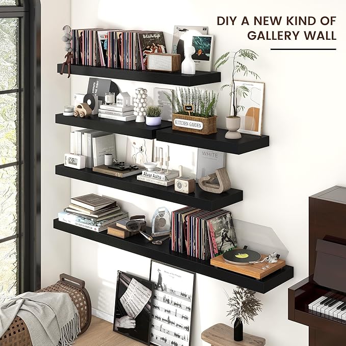 Floating Shelves for Wall, Engineered Wood Wall Shelves with Invisible Brackets for Living Room Bedroom Bathroom Office Kitchen Decor and Storage (Black, 48" W x 9" D x 1.5" H) Set of 2