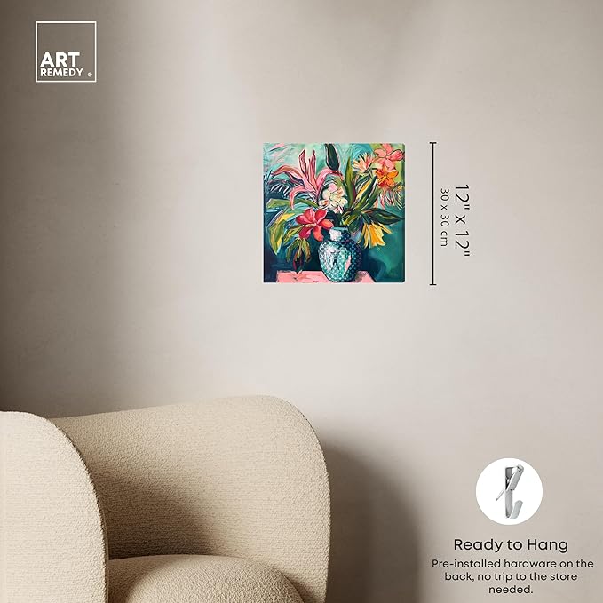 Art Remedy Vase Of Tropical Flowers Gallery Wrapped Flowers In Vase Paintings, 12" x 12", Gallery Wrapped