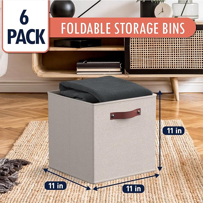 Ornavo Home 11 x 11 Storage Cube Bins, Foldable Collapsible Fabric Storage Bins Box Linen Shelf Basket Cube Organizer for Closet with Leather Handles, 6 Pack, Beige