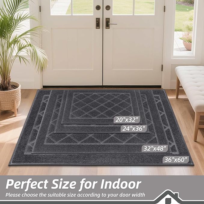 BEQHAUSE Dirt Trapper Door Mat 20" x 32", Doormat Non-Slip Entryway Rugs Washable, Dog Door Mat Stain Resistant and Absorbent Welcome Floor Mat for Front Back Door, Mud Wet Shoes & Paws, Dark Grey