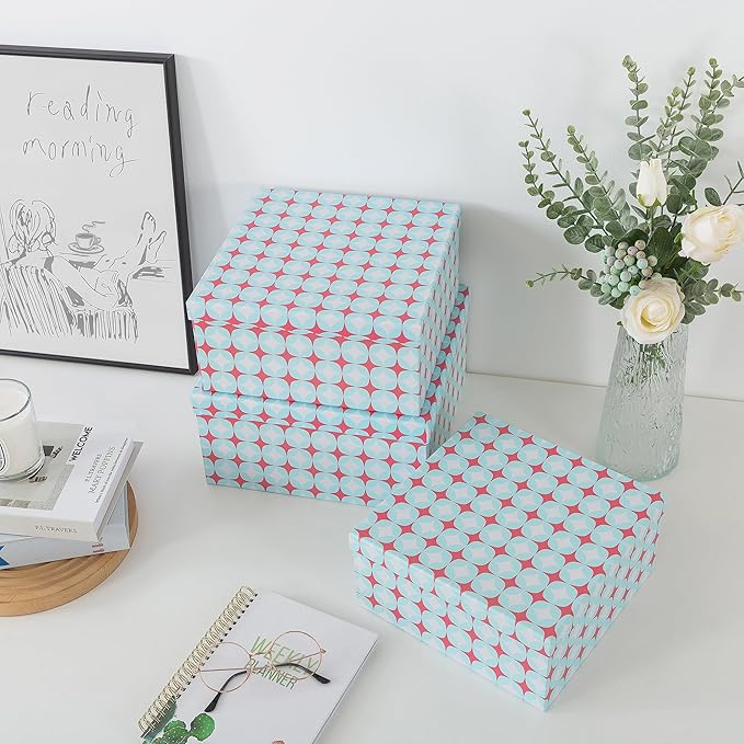Soul & Lane Set of 3 Decorative Boxes with Lids, Square 11" x 11" Nesting Cardboard Storage for Home Décor in Green and Coral, Keepsake and Memory Boxes for Organizing, Retro Mint