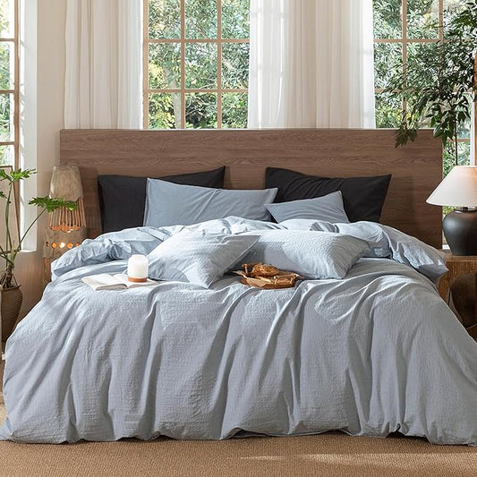 MooMee Wavy Striped Duvet Cover Set 100% Washed Cotton Linen Like Textured Breathable Durable Soft Comfy (Cornflower Blue, Queen 90"x90")
