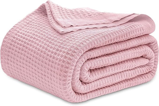Bedsure Gentlesoft 100% Cotton Blanket Queen Size for Bed - Breathable and Soft, Thick Cozy Waffle Weave Christmas Blanket Gift for Women, Pink, 90x90 Inches