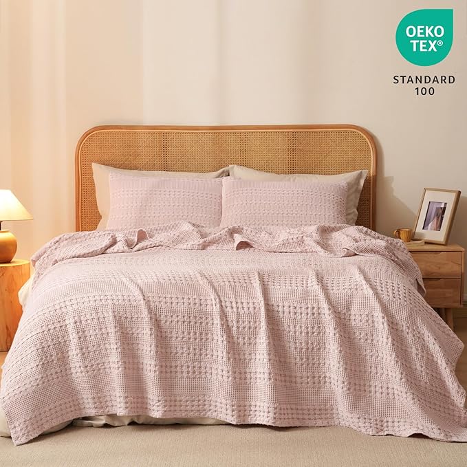 PHF 100% Cotton Waffle Weave Blanket King Size for Bed, Soft Lightweight & Breathable, All-Season Comfort, 300 GSM Luxury Aesthetic Blanket for Home Decor, 108"x90", Pink/Mauve