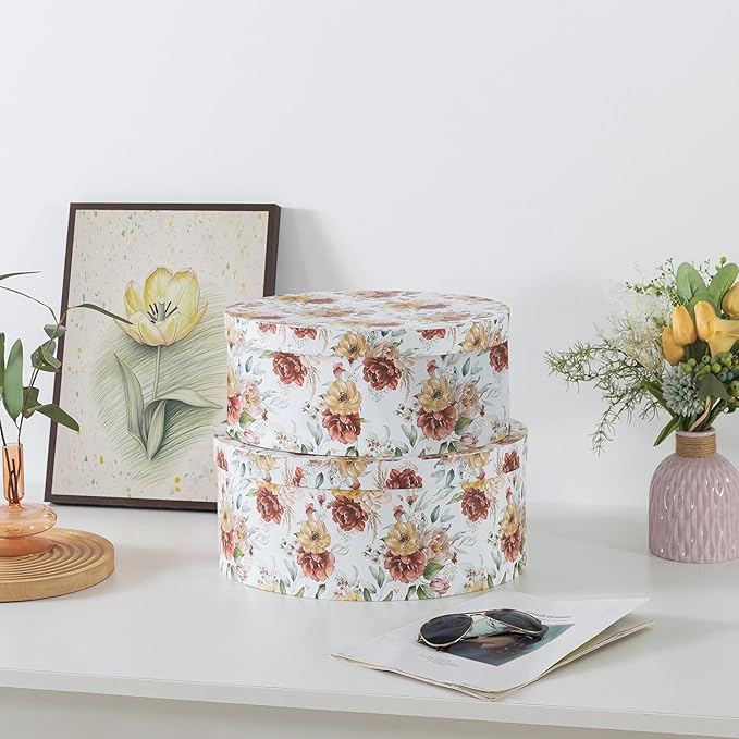Soul & Lane Large Oval Cardboard Decorative Storage Boxes with Lids - Autumnal Elegance, Set of 2, Nesting Cardboard Storage for Flowers and Gifts, Memory Boxes for Keepsakes and Organizing