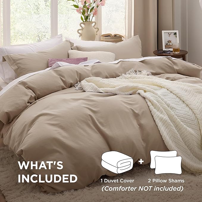 Bedsure Deep Beige Oversized King Duvet Cover - 3 Pieces Prewashed Cotton-Like Extra Soft Bedding Set, Includes 1 Duvet Cover 120x98 Inches with Zipper Closure & 2 Pillow Shams, Comforter Not Included