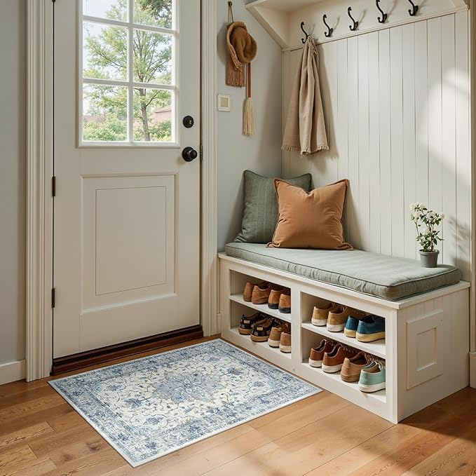 RELEANY Area Rugs 2'x3' Washable Non-Slip, Floral Vintage Distress Print Pattern Medallion Carpet for Living Room Bedroom Dining Room, Light Blue Navy Beige Gray White