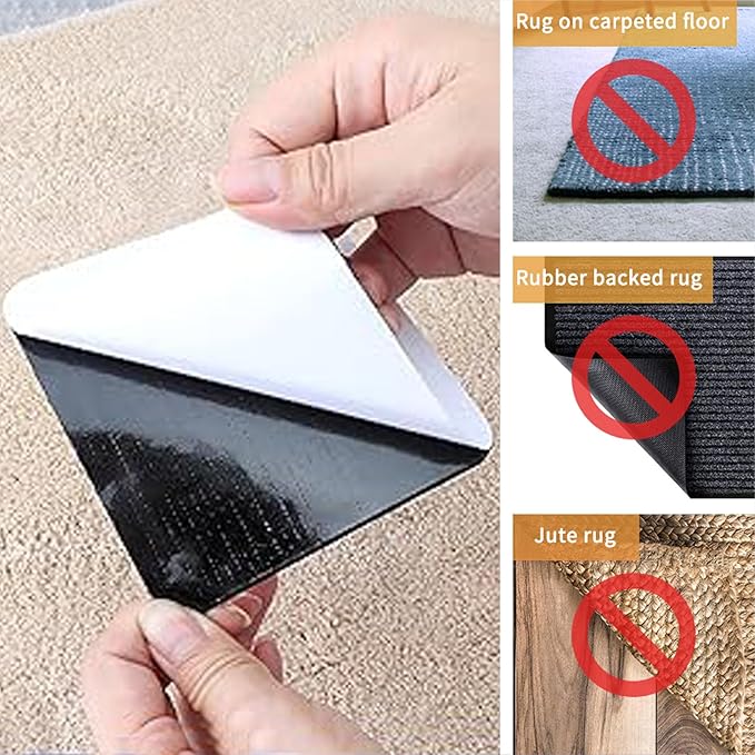 VIOXUANFG Rug Gripper for Hardwood Floors- Under Rug Anti-Slip Rug Grips Non Slip Rug Pads, Black Double-Sided Rug Tape Wood Floor and Tile No Damage to Hold Rug Down - 12 Pcs