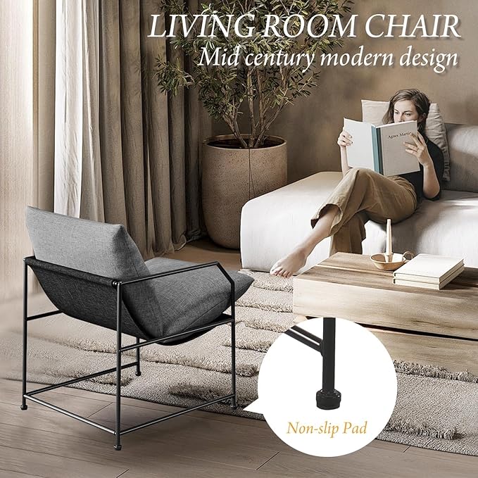 Accent Chair Living Room Chairs Comfy Reading Chair for Bedroom Upholstered Lounge Chair Mid Century Modern Arm Chair Sling Accent Chairs for Living Room Side Sofa Chair Fabric Armchair(Charcoal, 1)
