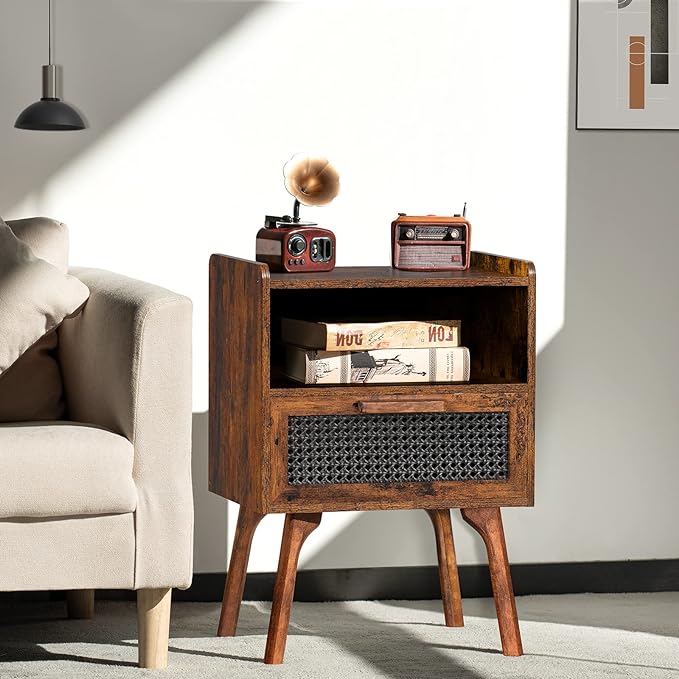 Lerliuo Rattan Nightstand, Boho Side Table with Drawer Open Shelf, Cane Accent Bedside End Table with Solid Wood Legs for Bedroom, Dorm and Small Spaces (Brown)