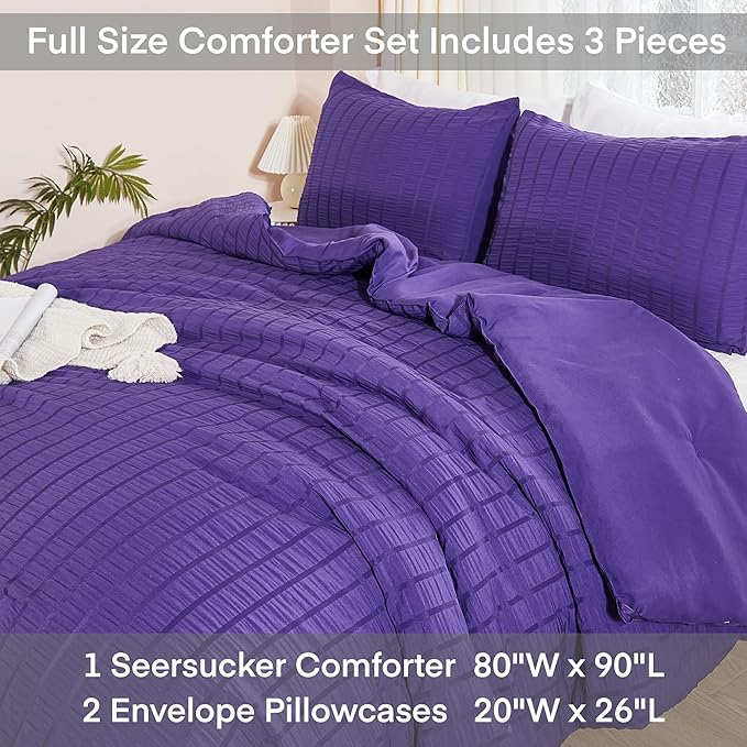 AveLom Dark Purple Seersucker Full Comforter Set (80x90 inches), 3 Pieces-Soft Washed Microfiber Lightweight Comforter with 2 Pillowcases, All Season Down Alternative Comforter Set for Bedding