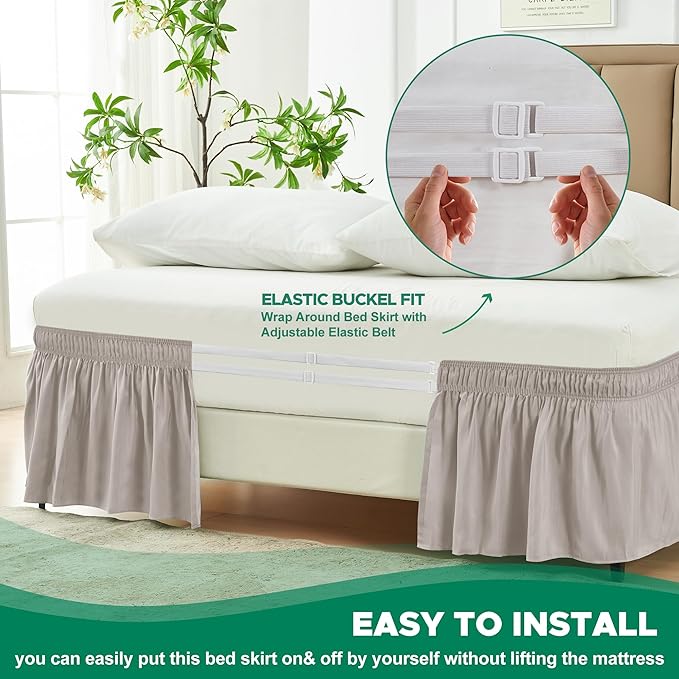 Biscaynebay Wrap Around Bed Skirts for King & Cal King Beds Short Drop of 12", Camel Grey Adjustable Elastic Dust Ruffles Easy Fit Wrinkle Resistant Silky Luxurious Fabric Machine Washable