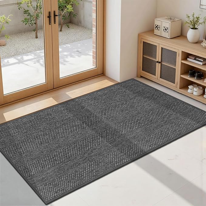 ENHASIV Ultra Thin Indoor Door Mat 24"x47", Washable Door Mat Indoor Entrance, Non Slip Rubber Backing Doormat Low-Profile Inside Entryway Mat, Unique Herringbone Design Entry Mat, Dark Grey (FOLD)