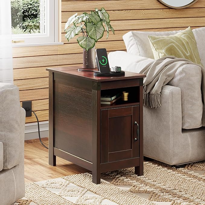 WLIVE End Table with Charging Station, Narrow Side Table for Living Room, Farmhouse Night Stand with Storage, Small Wooden Nightstand with USB Ports and Outlets for Living Room and Bedroom, Brown