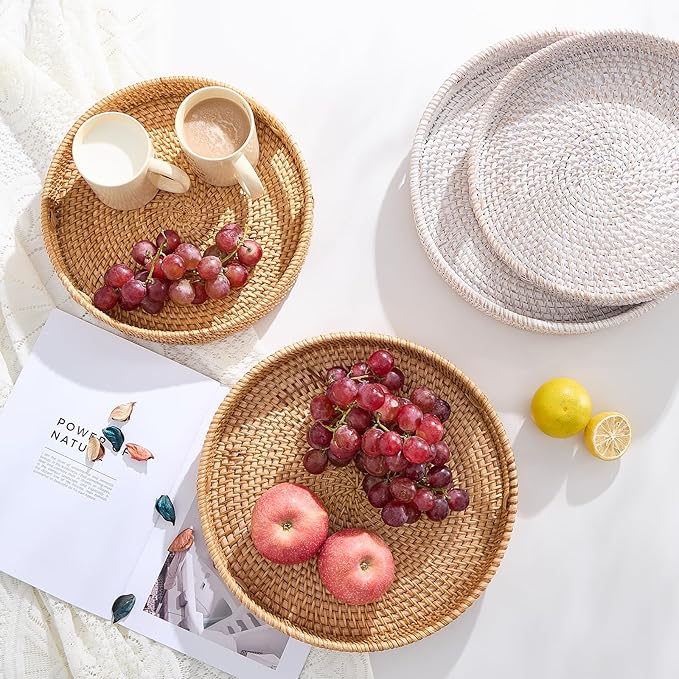Round Rattan Serving Tray,Hand-Woven Tray with Handles, Ottoman Decorative Coffee Table Tray,Wicker Storage Basket for Tea,Fruit,Bread (Natural, 13.5")