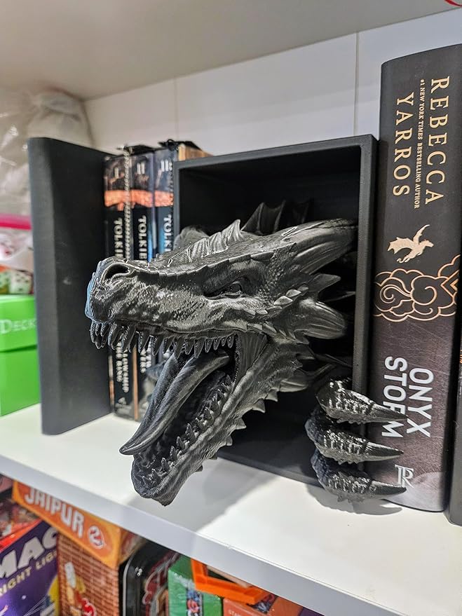 Dragons Awakening Book End – Fantasy Book Nook Insert for Dragon Readers – Unique Home Decor for Bookshelves & Libraries (Black - 2 Arms)