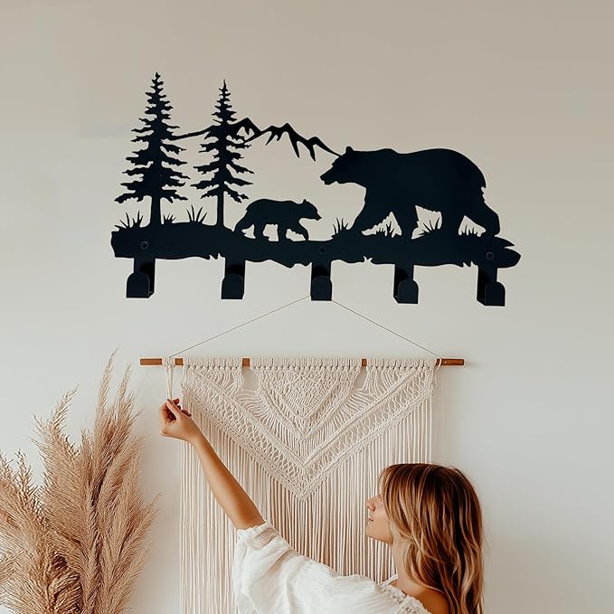 Metal Bear Coat Hooks - Animal Theme Wall Art Decor and Key Holder, Hangers for Clothes, Hat, and Backpack, Home Storage Decor for Entryway, Hallway, Office, Kitchen, and Living Room