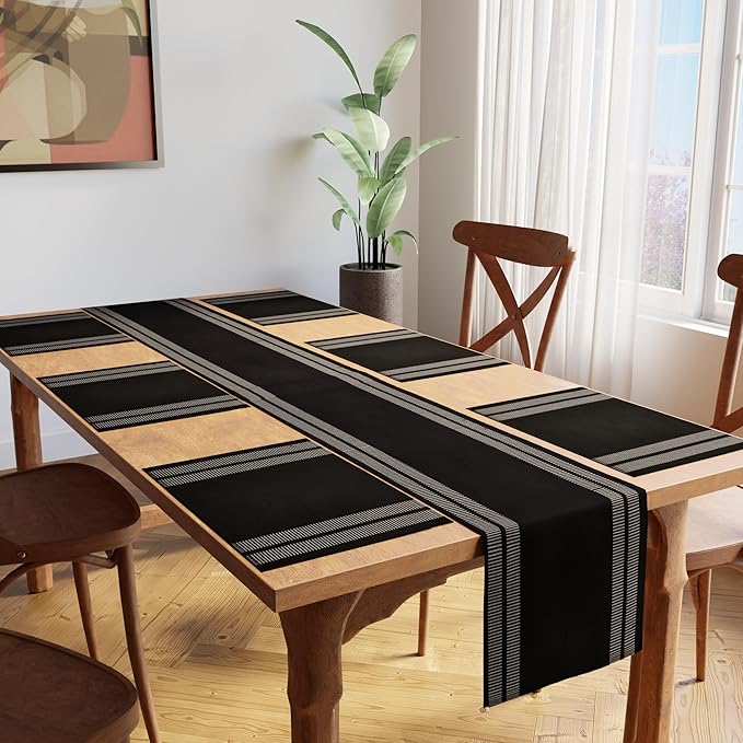 Encasa XO Table Runner and Placemats Set 6 | Fine Ribbed Cotton | Ladder Black | 1 Table Runner Size 13"x72" & Each Table Mat Size 19x13 Inch