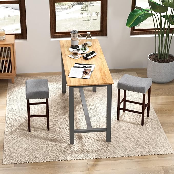 Giantex 25" Counter Height Bar Stools Set of 2 - Backless Saddle Barstools with Nailhead Linen Foam Seat, Max Load 330 Lbs Wood Bar Stools with Foot Rest for Kitchen Island, Grey
