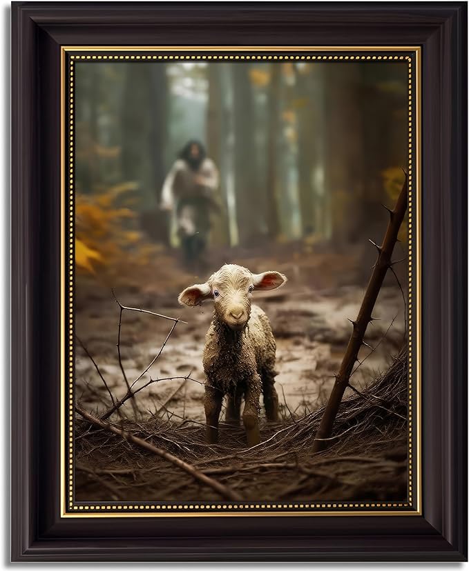 Framed Jesus and Lamb Wall Art Jesus Running After Lost Sheep Picture Wall Decor Christianity Lambs of God Home Decoration Inspirational Christian Poster Prints for Office Bedroom Livingroom 12x16in