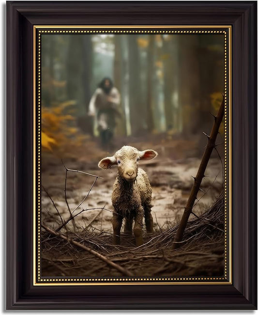 Framed Jesus and Lamb Wall Art Jesus Running After Lost Sheep Picture Wall Decor Christianity Lambs of God Home Decoration Inspirational Christian Poster Prints for Office Bedroom Livingroom 12x16in